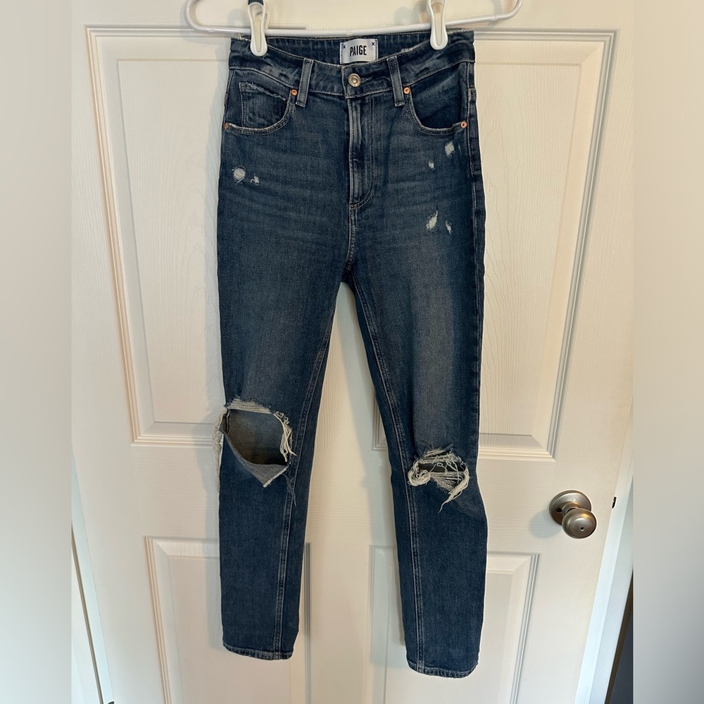 Paige brand distressed skinny jeans.